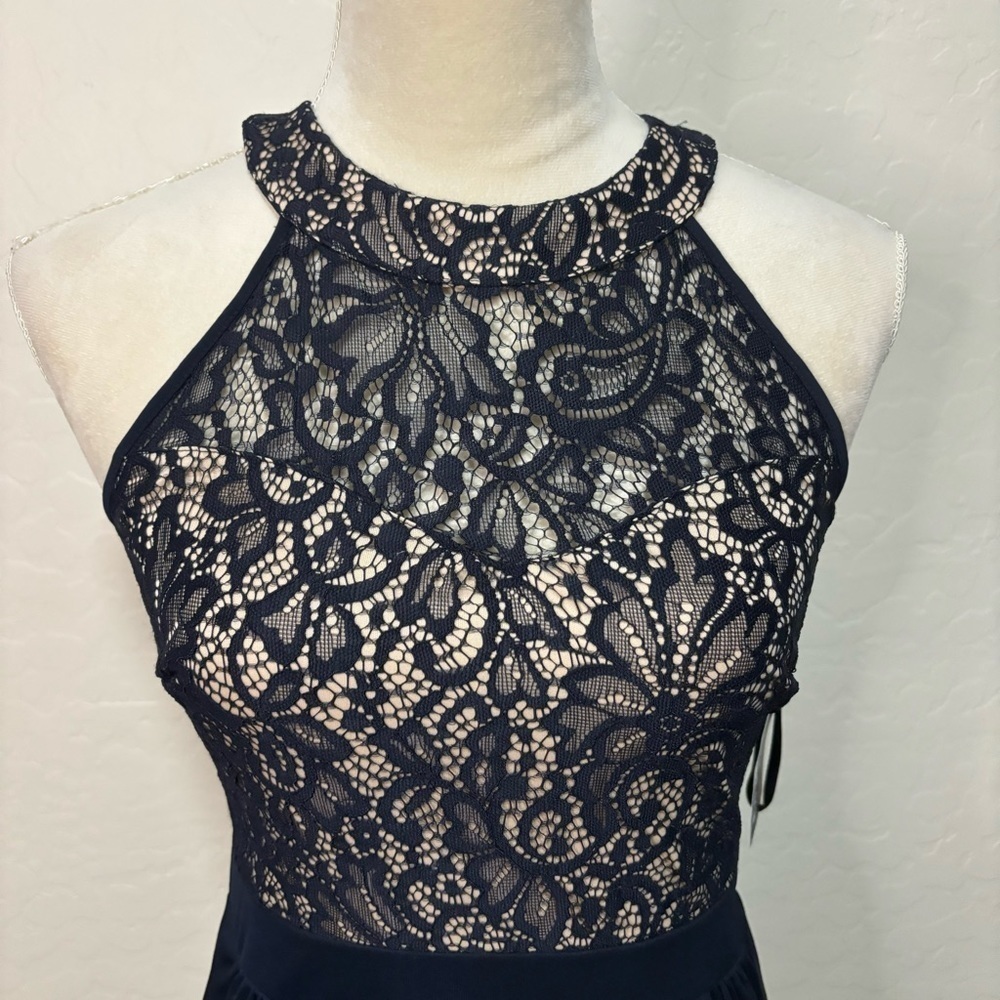 Enfocus Studio Blue Halter Top Sheer Lace Fit and Flare Cocktail Dress Size 4 - Picture 2 of 11